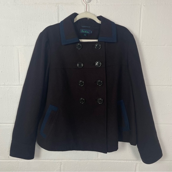 Boden Swing Pea Coat Brown W/Navy Trim Wool Blend Lined Classic Preppy UK 18 - Picture 1 of 15